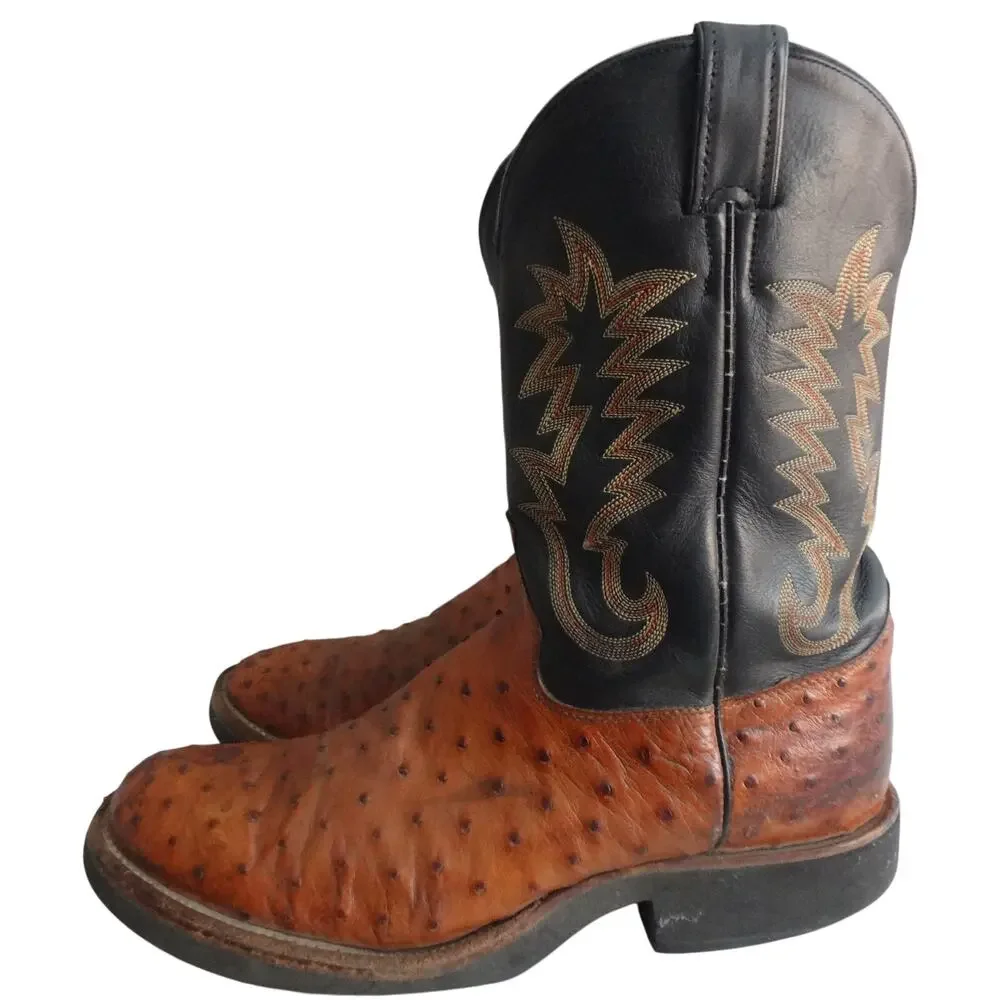 Vintage JUSTIN Ostrich Leather Brown Black Western Cowboy Boot Men 12 Full Quill